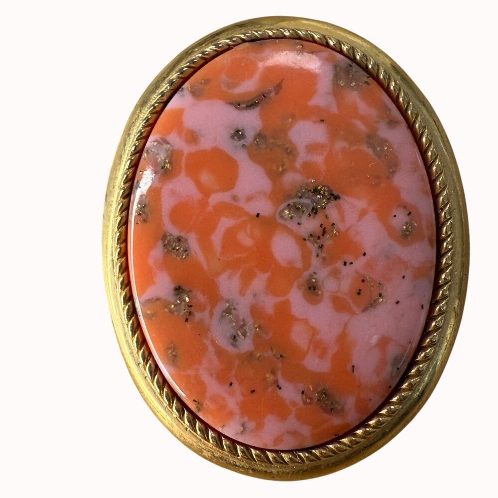 Sarah Coventry Pink and Orange Marbled Oval Brooch with Gold Frame
